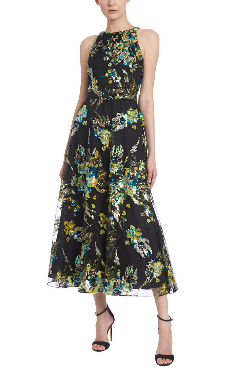 Black Multi | Floral Embroidery Belted Midi Dress