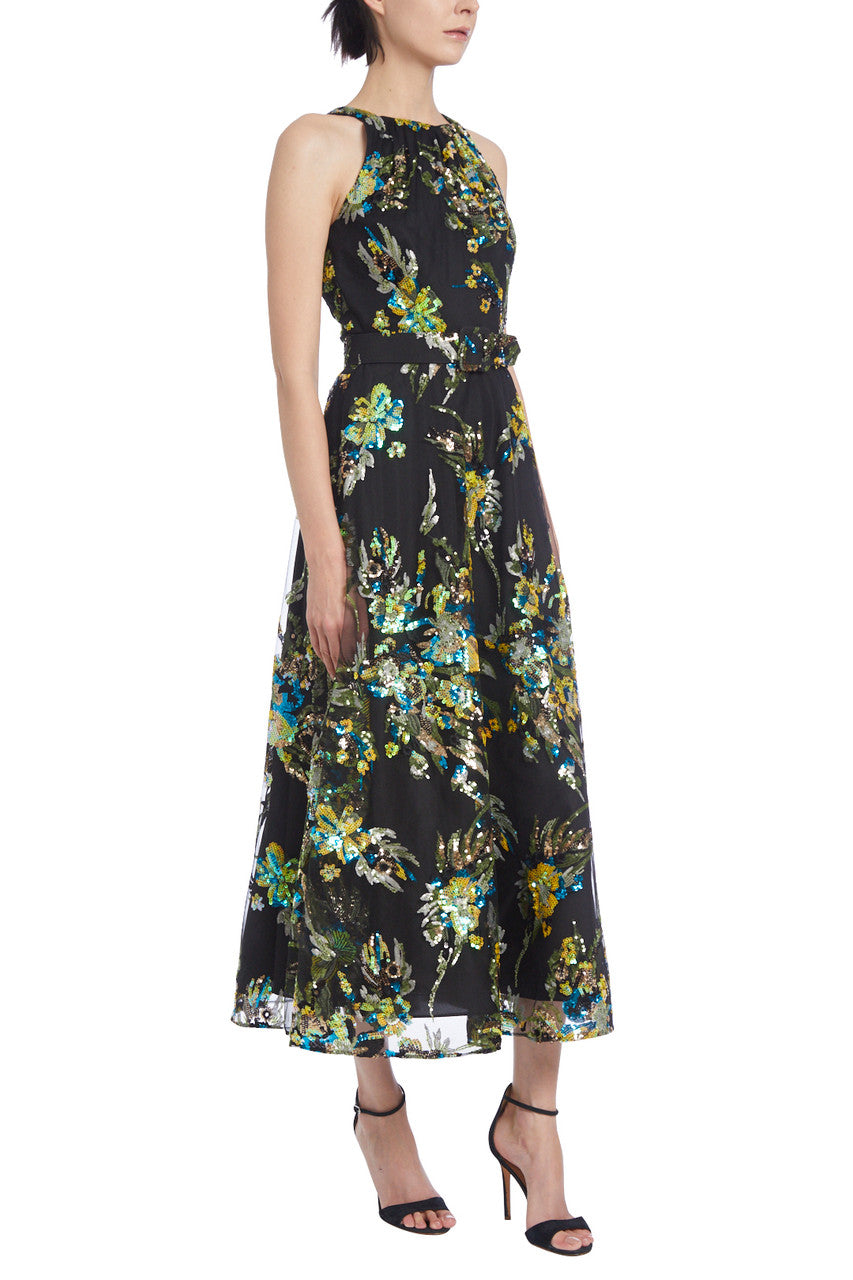 Black Multi | Floral Embroidery Belted Midi Dress