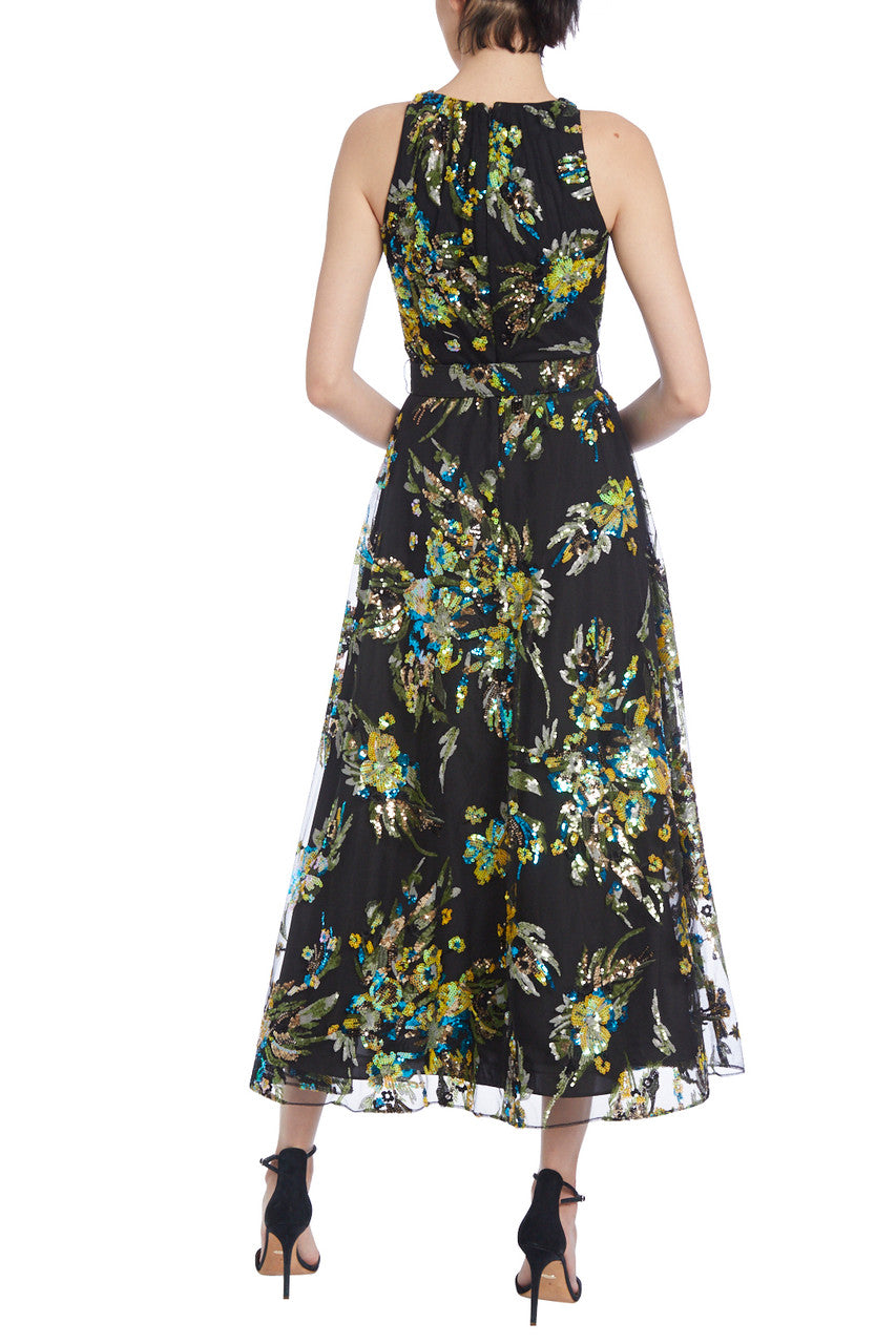 Black Multi | Floral Embroidery Belted Midi Dress