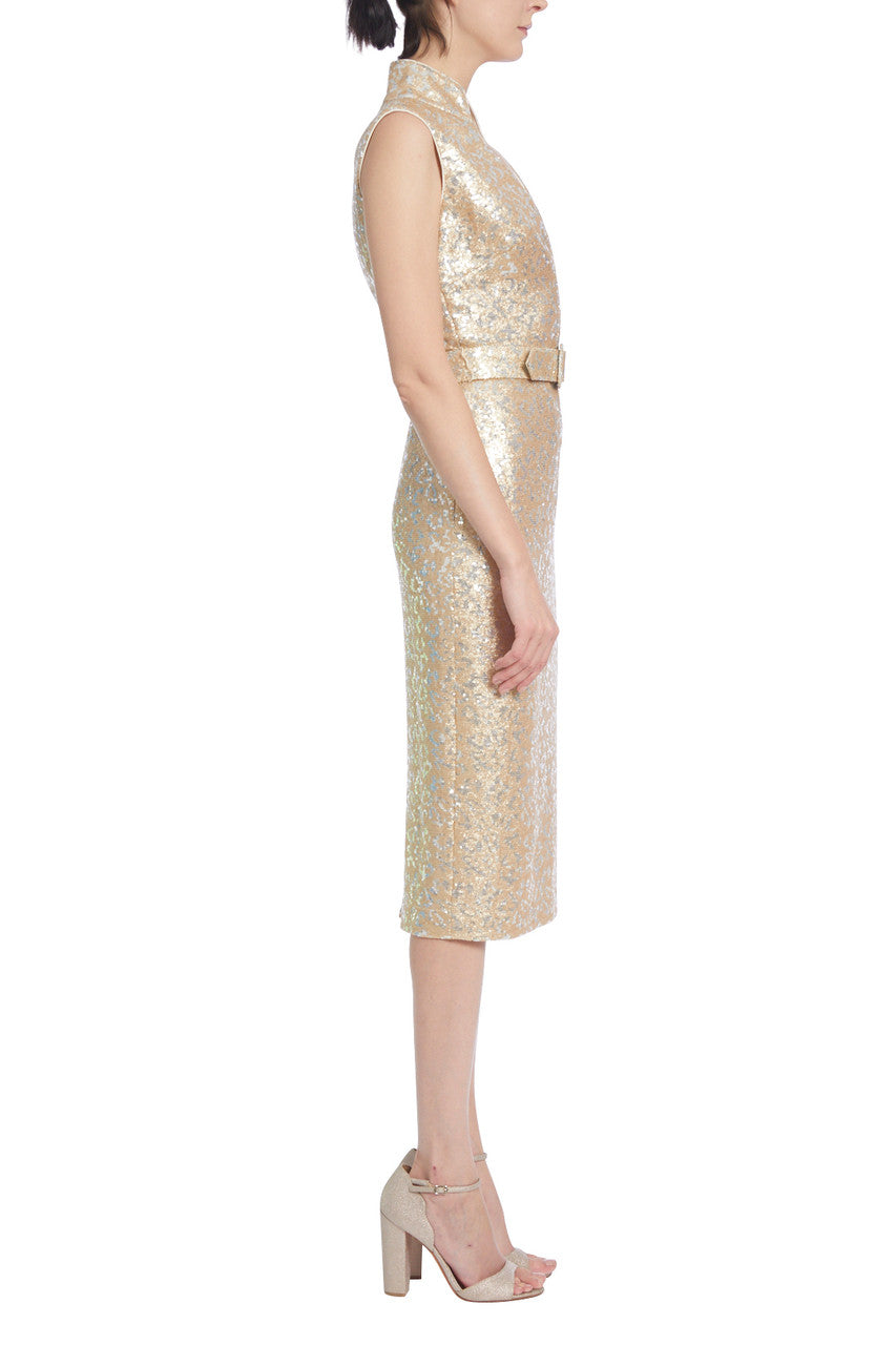 Silver/Gold | Gold Sequined Sheath Dress with Belt and Standup Collar