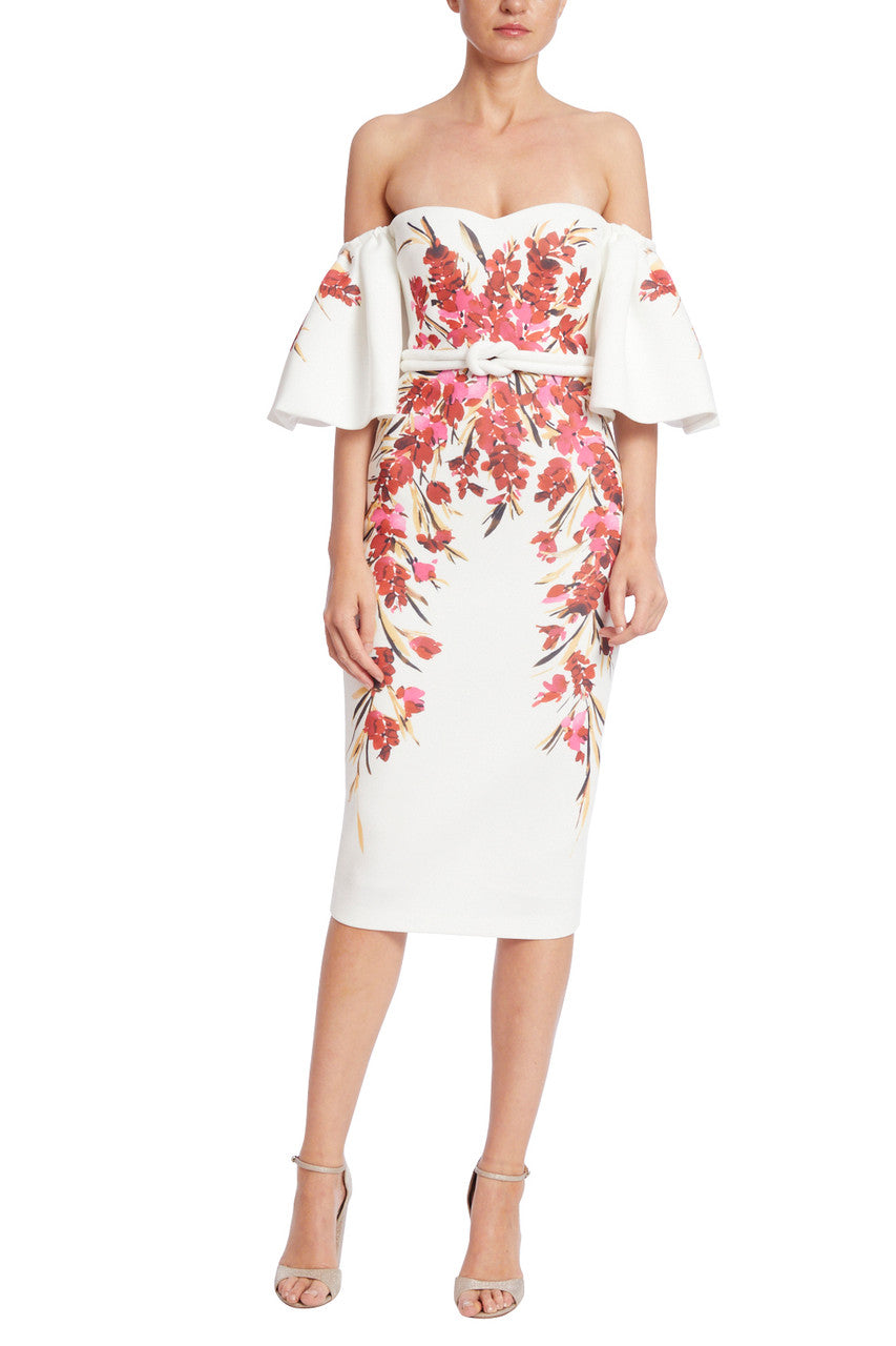 White Multi | Off-Shoulder Placed Floral Cocktail Dress