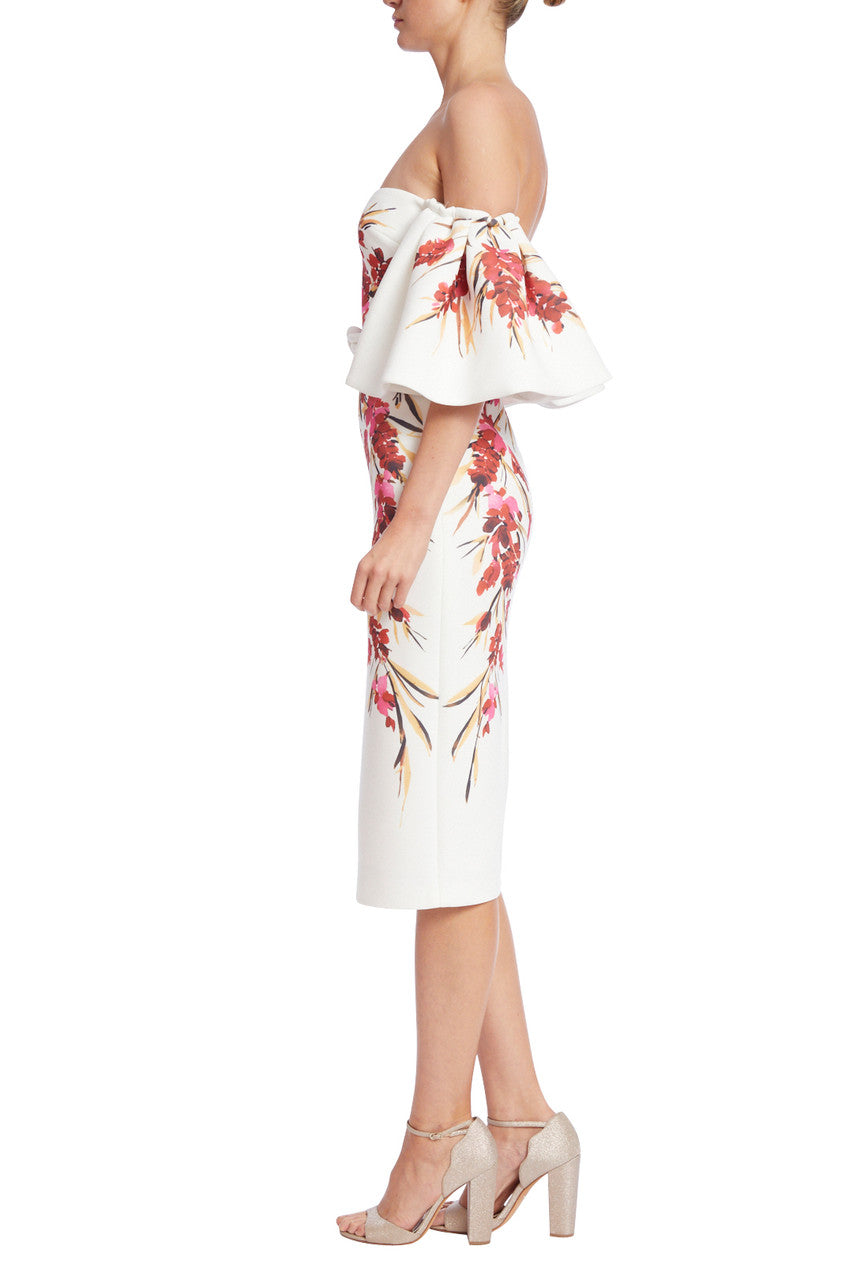 White Multi | Off-Shoulder Placed Floral Cocktail Dress