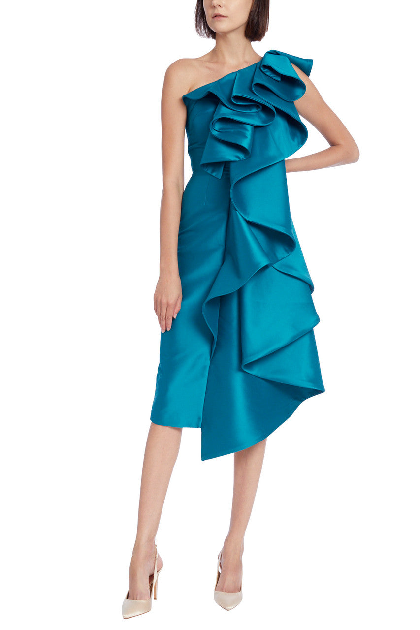 Teal | Dramatic Ruffled One-Shoulder Cocktail Dress