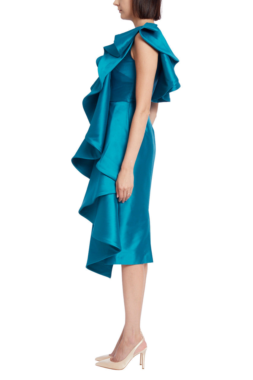 Teal | Dramatic Ruffled One-Shoulder Cocktail Dress