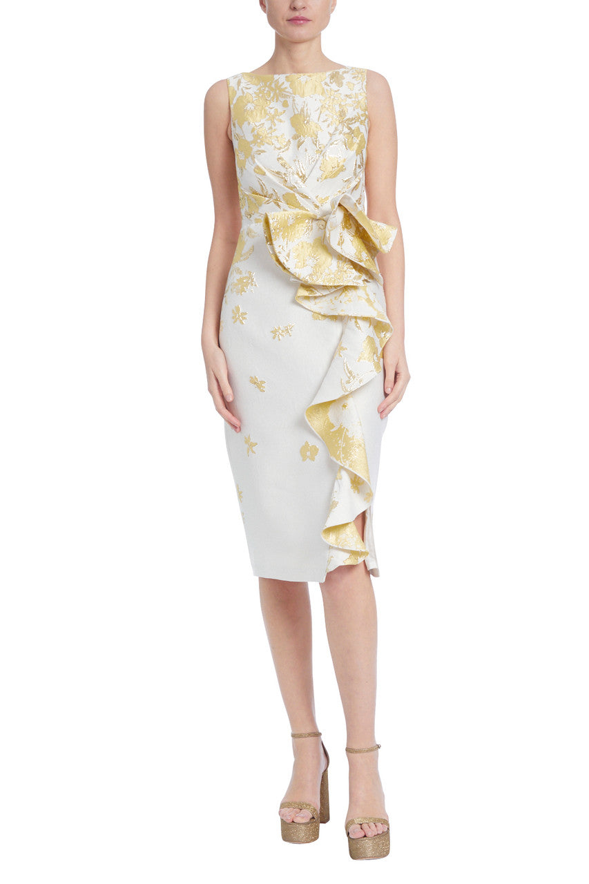 Yellow Multi | Floral Jacquard Sheath with Ruffled Bow