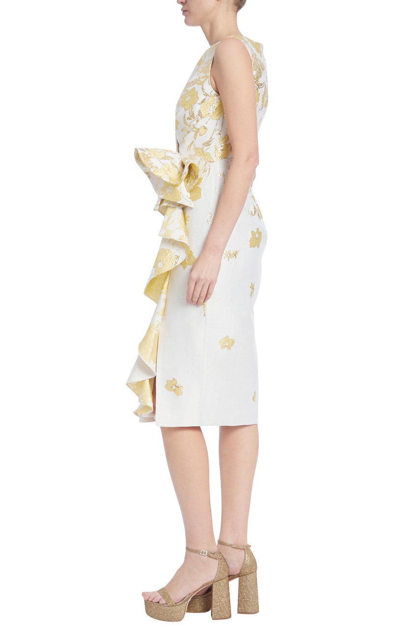 Yellow Multi | Floral Jacquard Sheath with Ruffled Bow