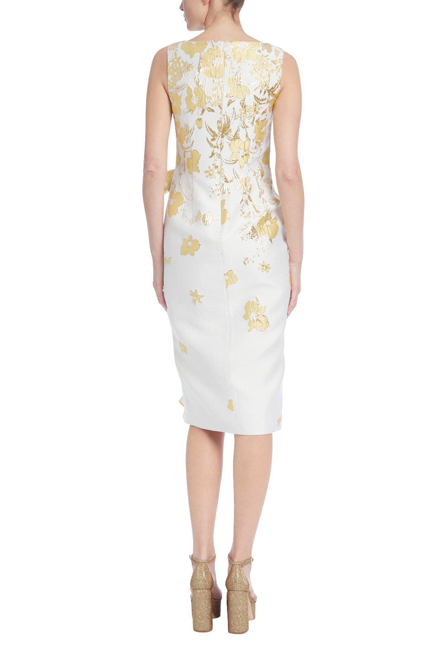 Yellow Multi | Floral Jacquard Sheath with Ruffled Bow