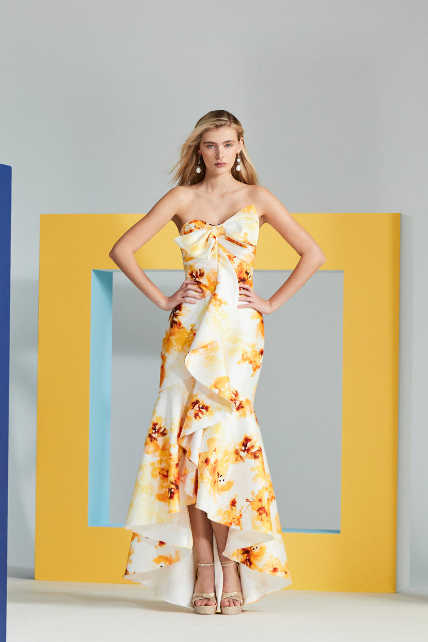 Yellow Multi | Strapless Floral High-Low Mermaid Dress