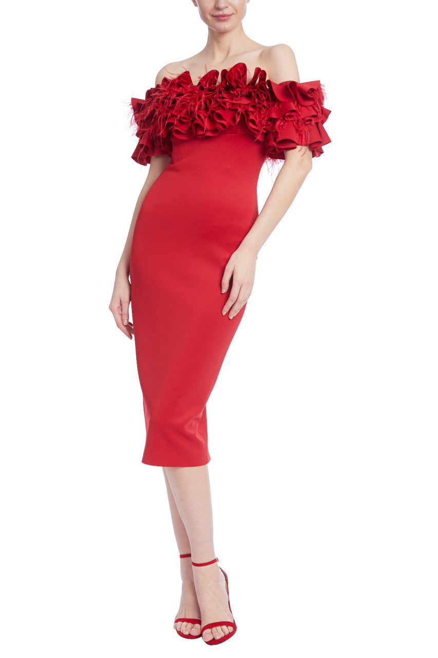 Red | Glam Off-Shoulder Feather and Petal Sheath