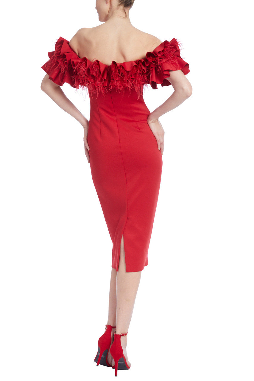 Red | Glam Off-Shoulder Feather and Petal Sheath