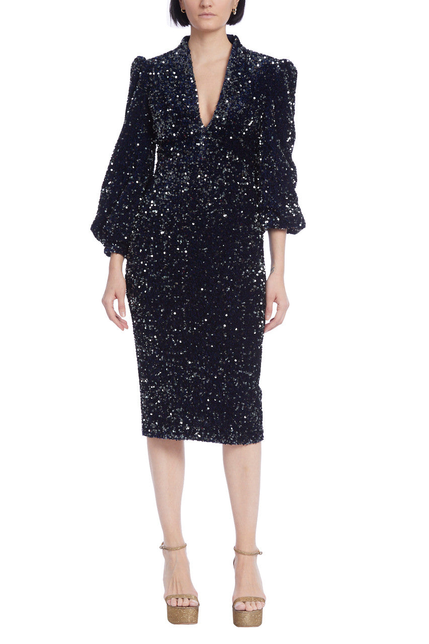 Blue Multi | Long-Sleeved Sequins and Velvet Cocktail Dress