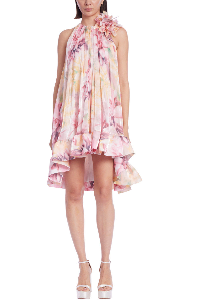 Pink Multi | Floral High-Neck Trapeze Mini Dress with Hi-Lo Hem