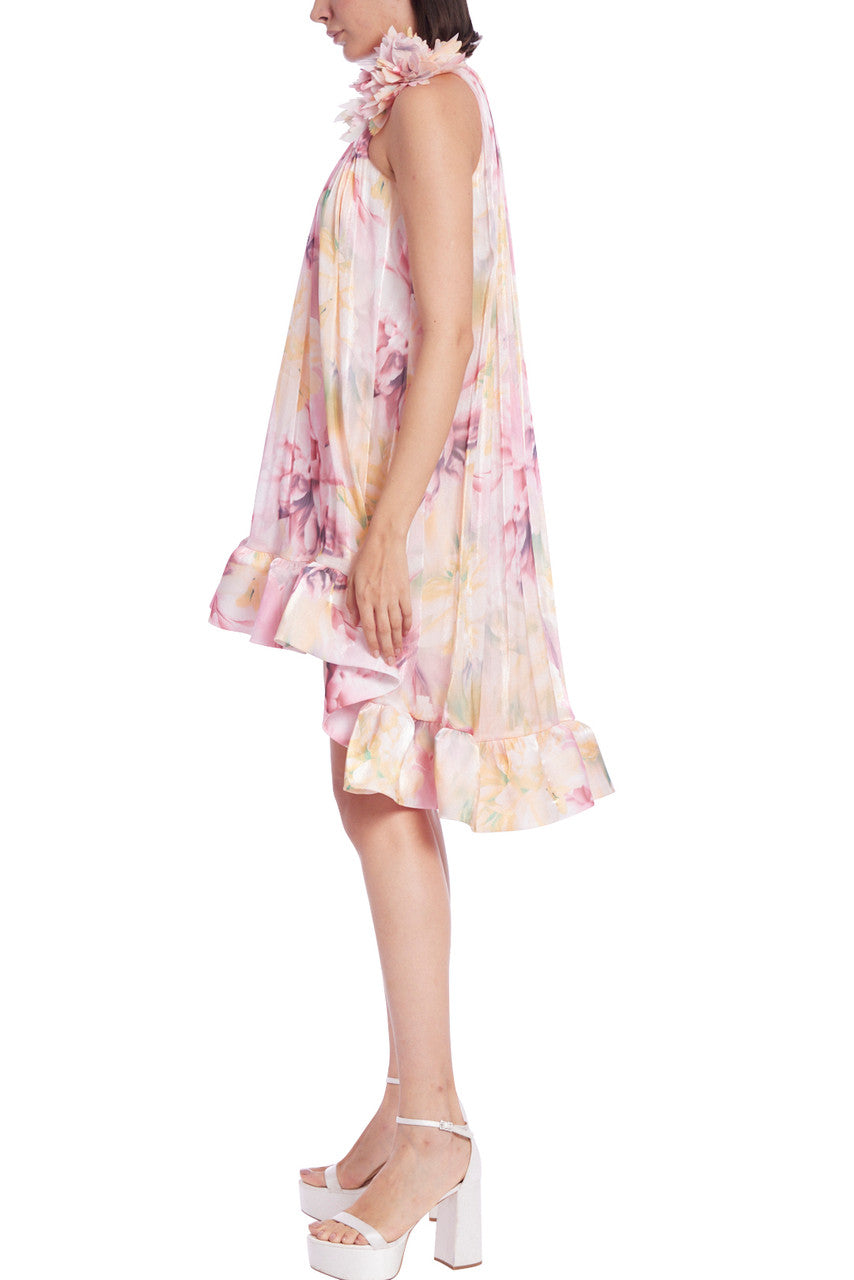 Pink Multi | Floral High-Neck Trapeze Mini Dress with Hi-Lo Hem