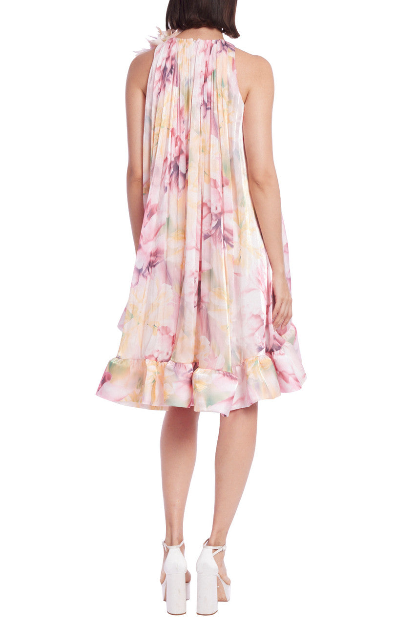Pink Multi | Floral High-Neck Trapeze Mini Dress with Hi-Lo Hem