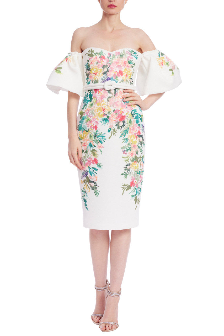 Light Ivory | Off-Shoulder Dress with Placed Floral Print