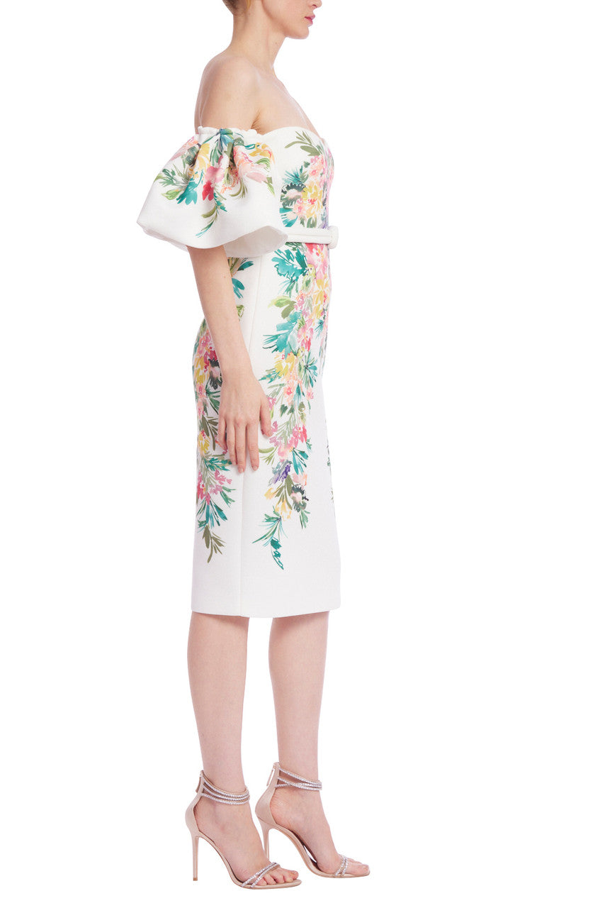 Light Ivory | Off-Shoulder Dress with Placed Floral Print
