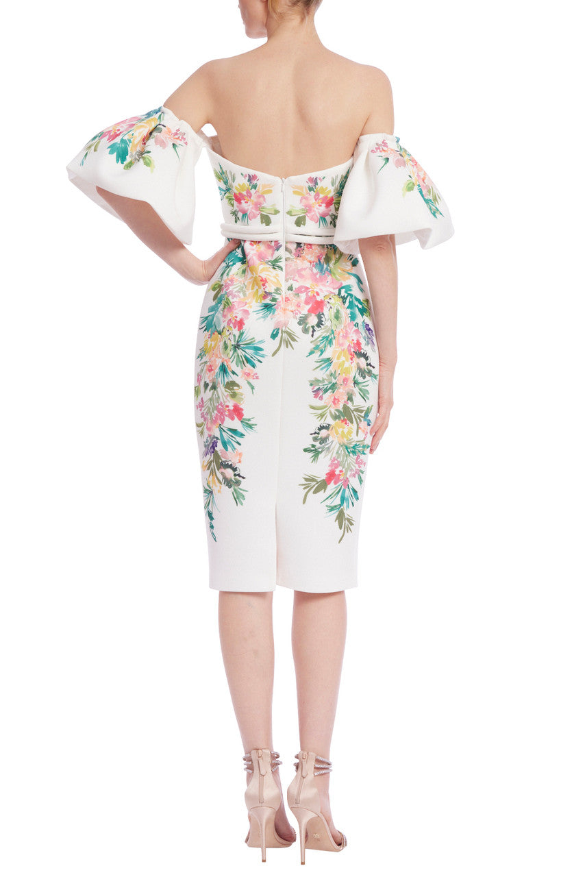 Light Ivory | Off-Shoulder Dress with Placed Floral Print