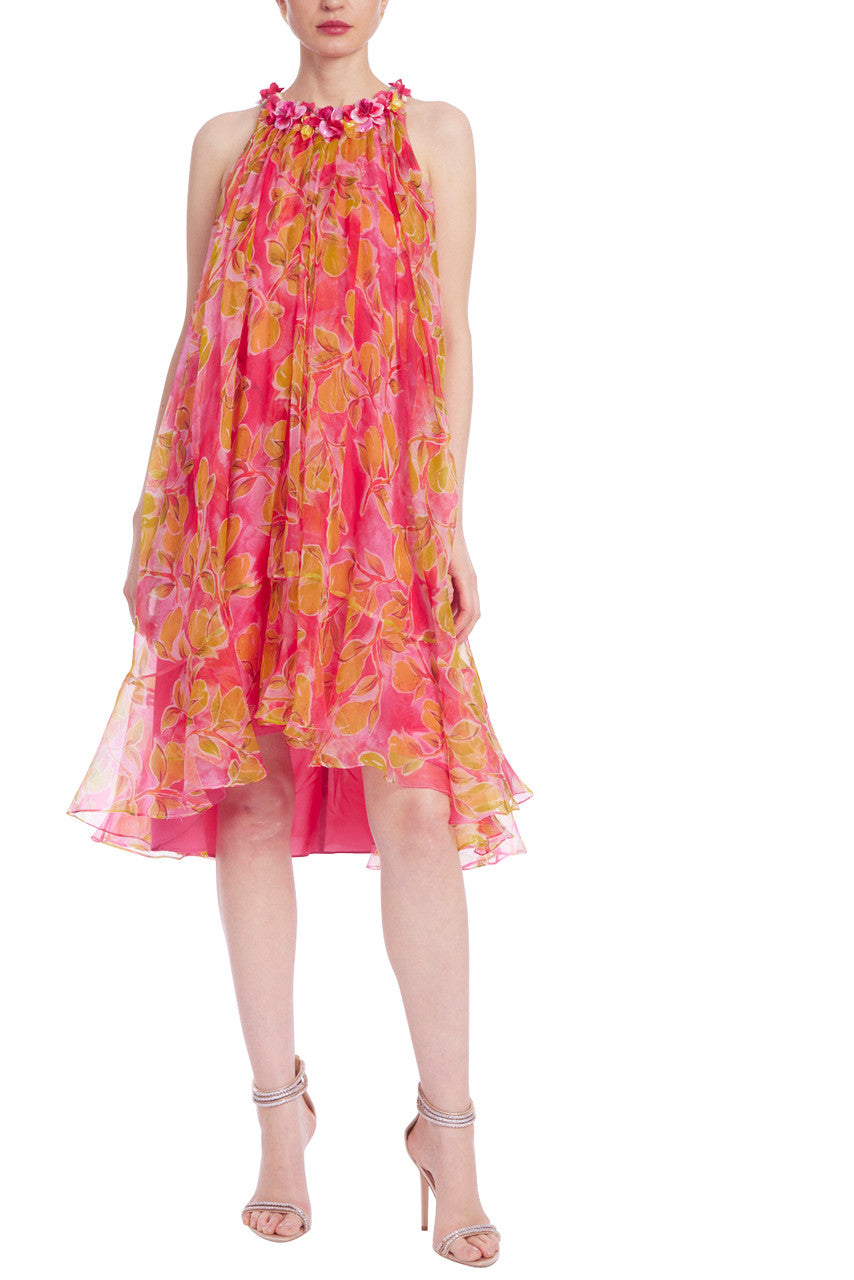 Pink Multi | Printed Organza Trapeze Dress with Floral Trim