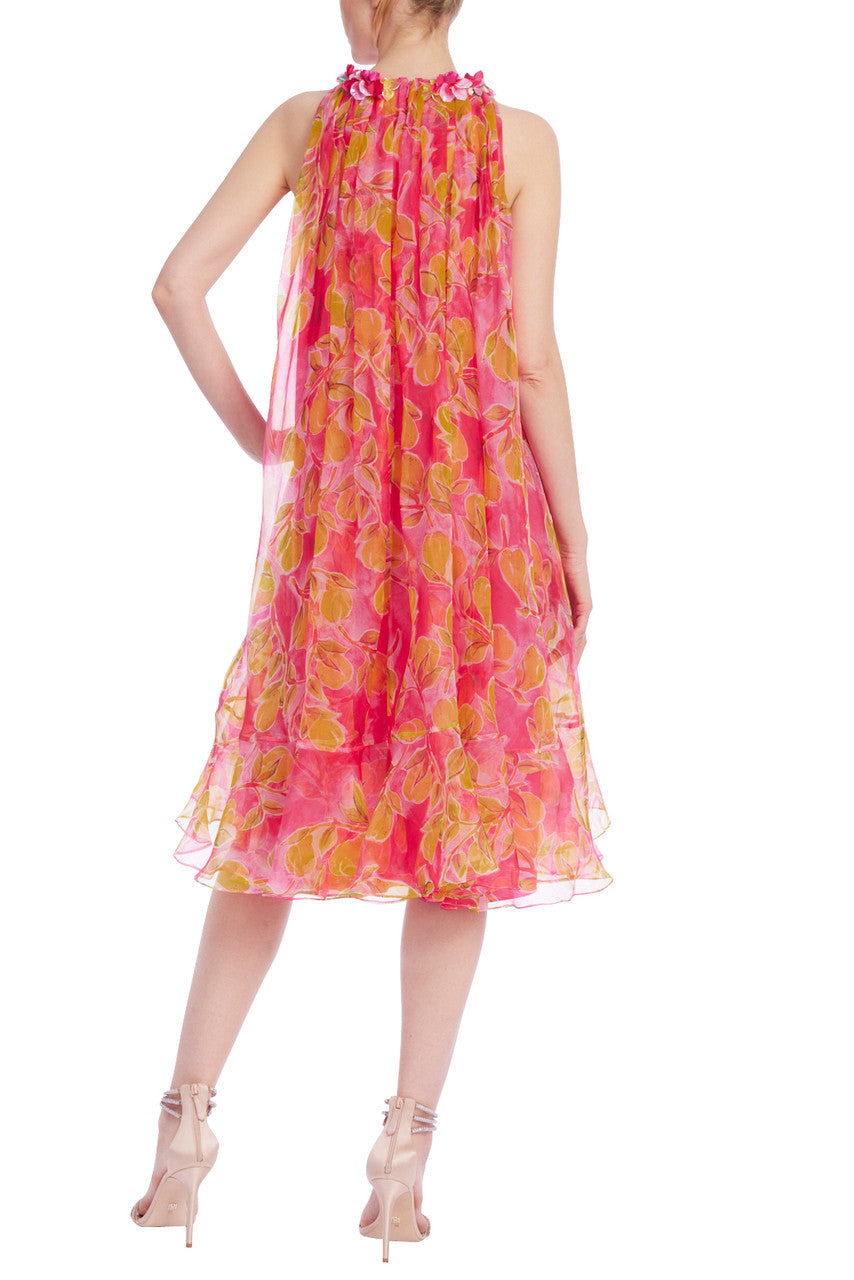 Pink Multi | Printed Organza Trapeze Dress with Floral Trim