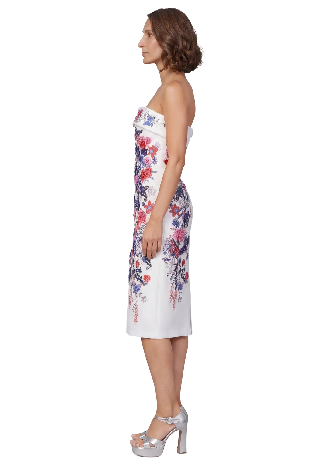 Ivory Multi | Strapless Floral Placement Midi Sheath Dress Side