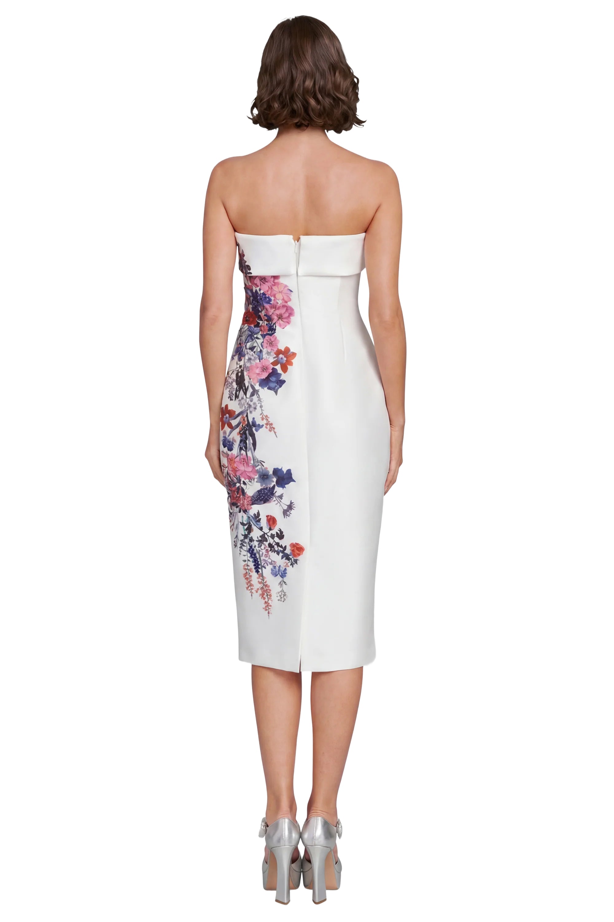 Ivory Multi | Strapless Floral Placement Midi Sheath Dress Back