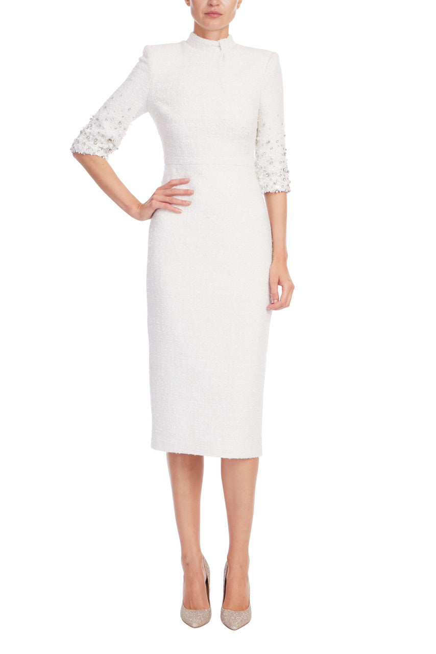Ivory | Beaded Quarter Sleeve High Neck Sheath Dress Front