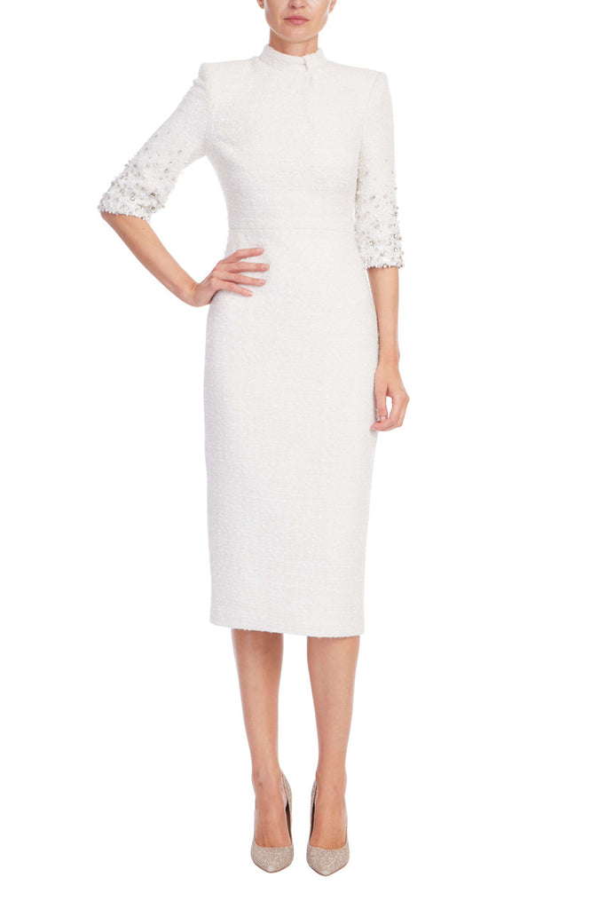 knee length dresses for ladies Beaded Quarter Sleeve High Neck Sheath Dress by Badgley Mischka
