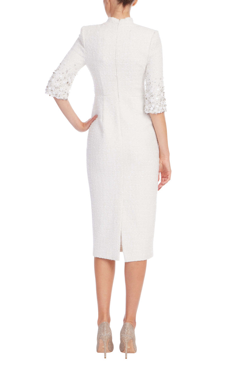 Ivory | Beaded Quarter Sleeve High Neck Sheath Dress Back