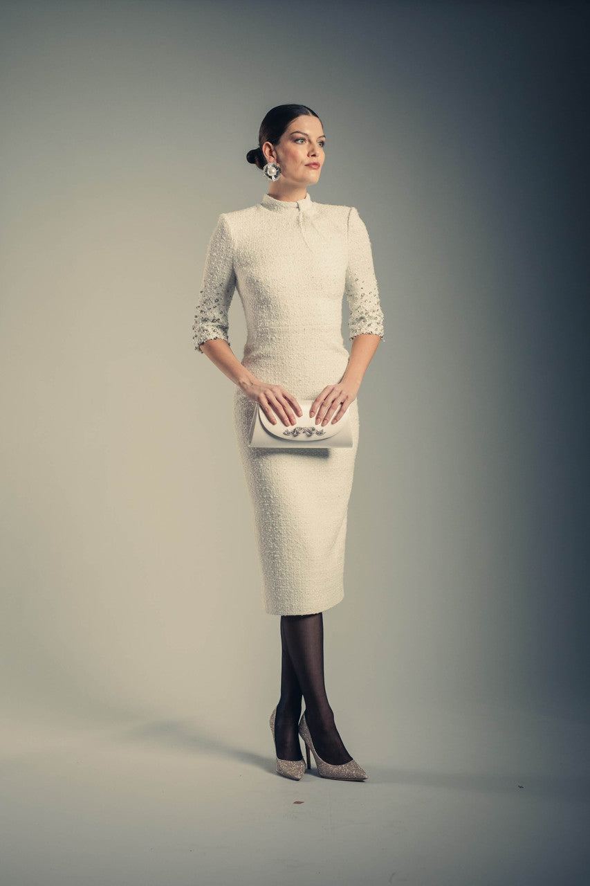 Ivory | Beaded Quarter Sleeve High Neck Sheath Dress Runway