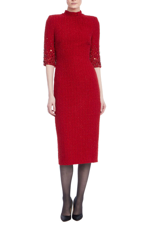 Red | Beaded Quarter Sleeve High Neck Sheath Dress Front