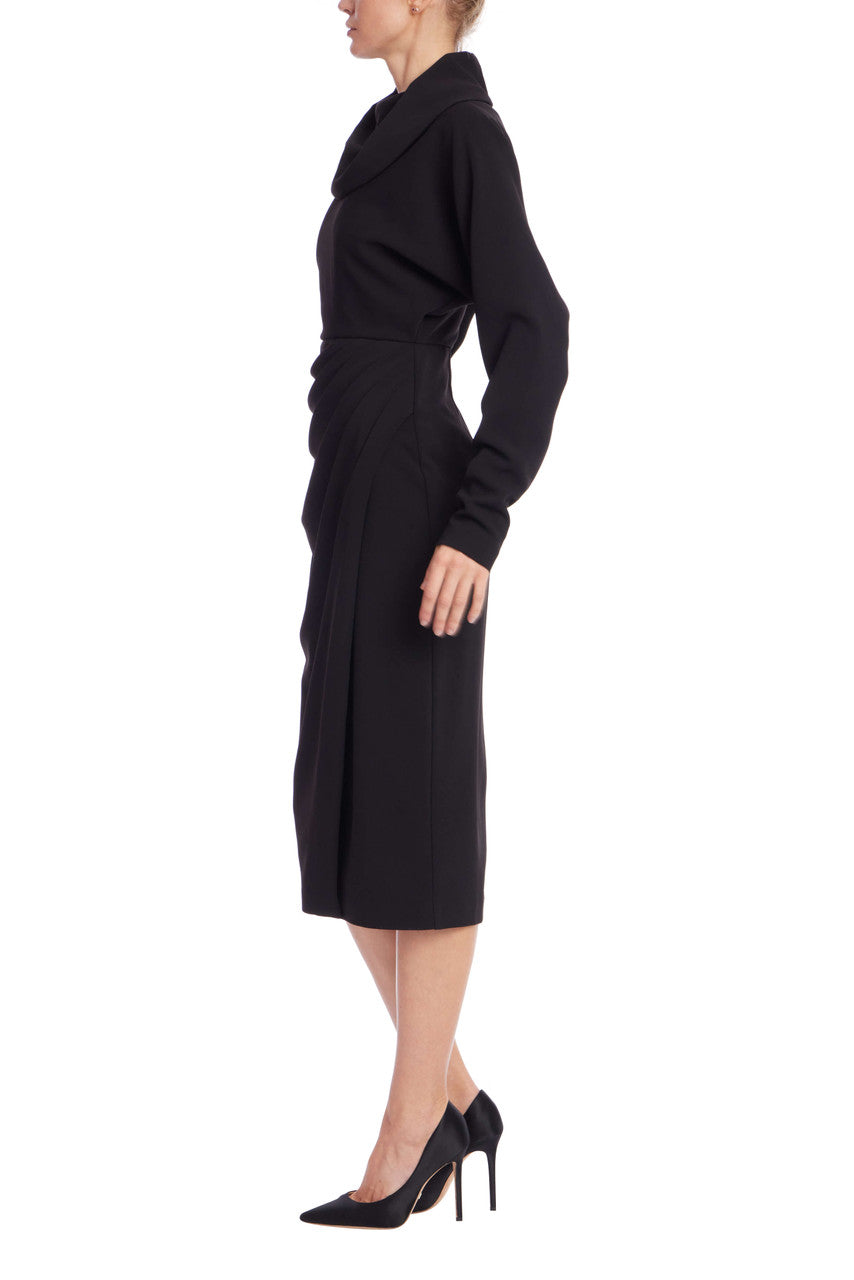 Black Draped Cowl Neck Midi Dress by Badgley Mischka Black Draped Cowl Neck Midi Dress by Badgley Mischka