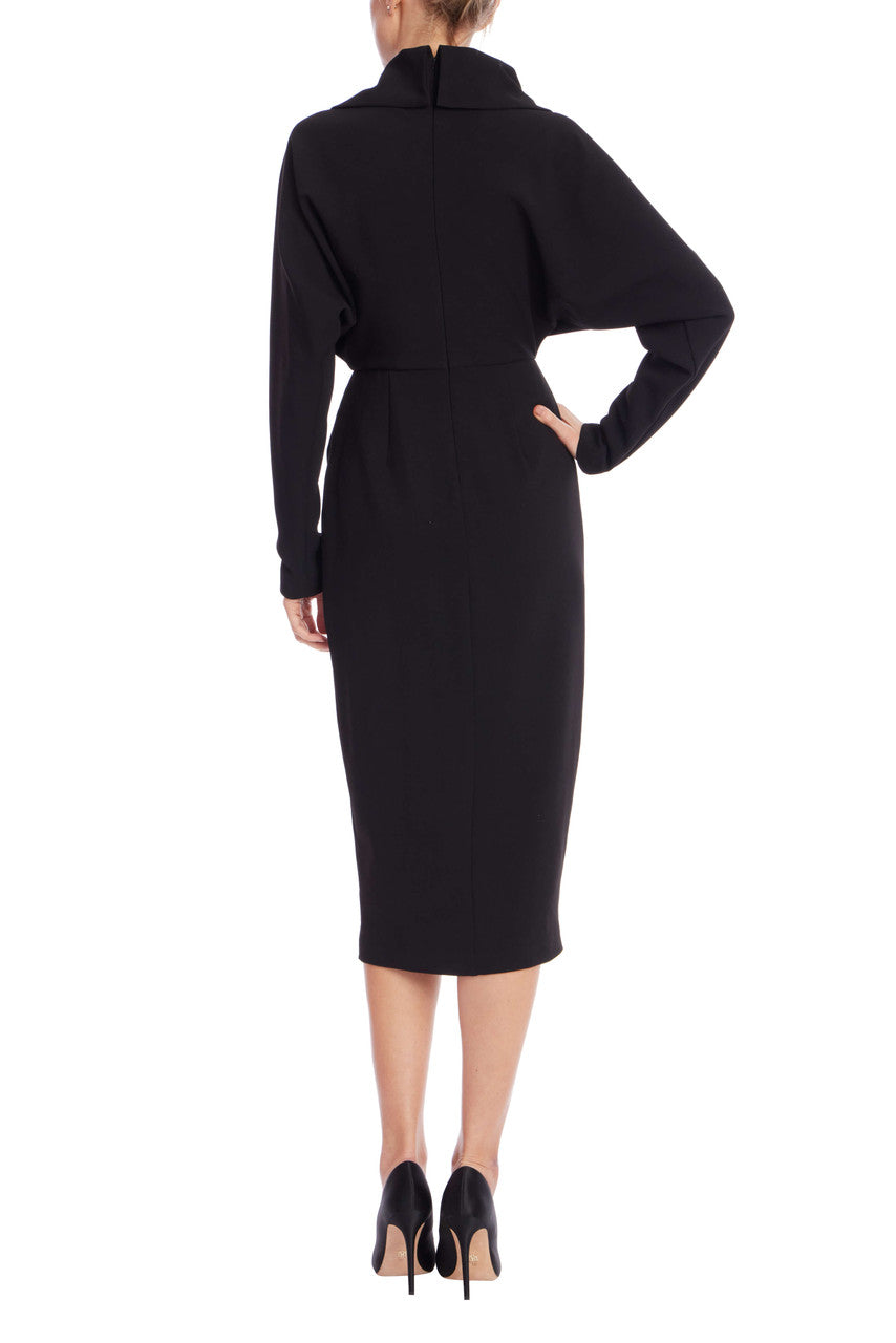 Black Draped Cowl Neck Midi Dress by Badgley Mischka Black Draped Cowl Neck Midi Dress by Badgley Mischka