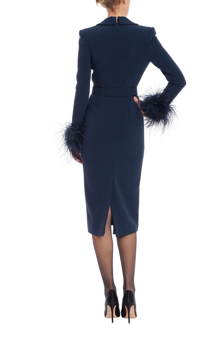 Feather Trim Belted Sheath Dress by Badgley Mischka Feather Trim Belted Sheath Dress by Badgley Mischka