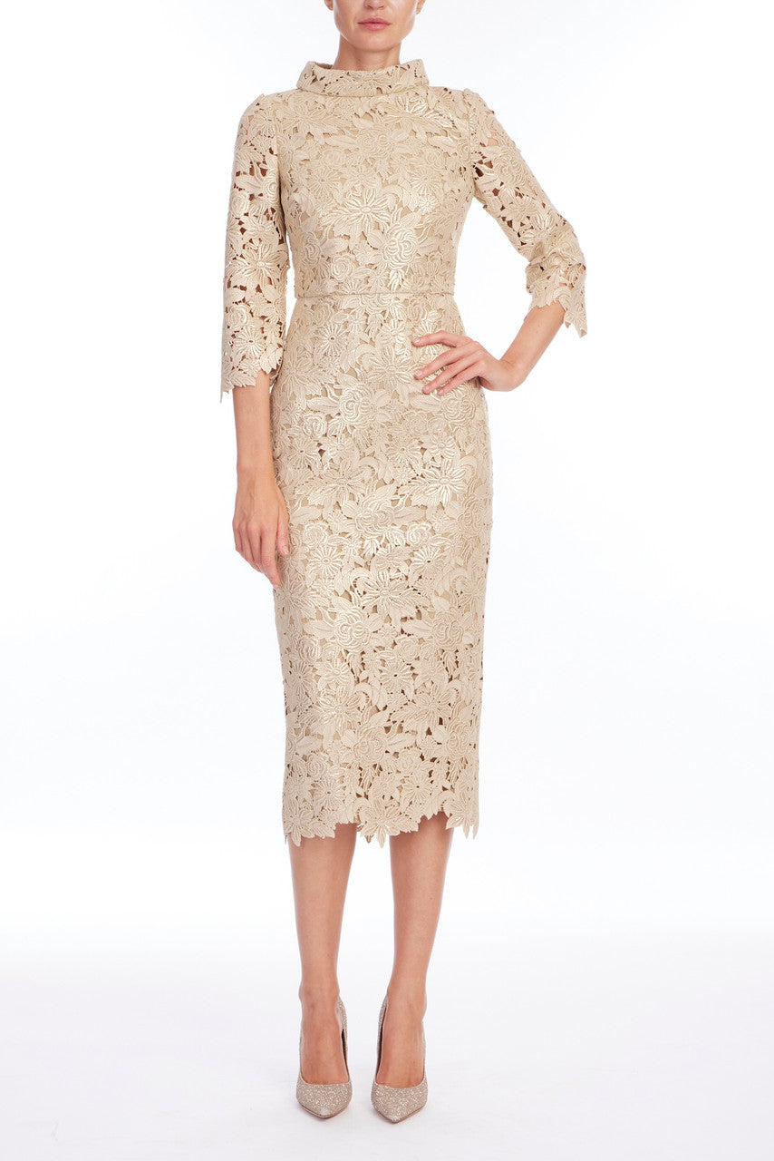 Gold | Gold High Neck Long Sleeve Cocktail Dress with Belt Front