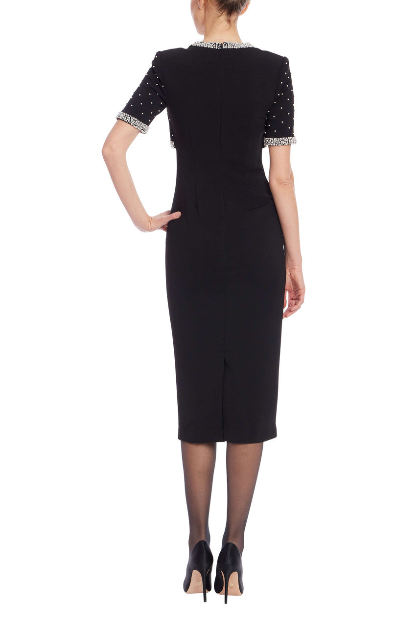 Black | Square Neck Sheath Dress with Embellished Bolero Back