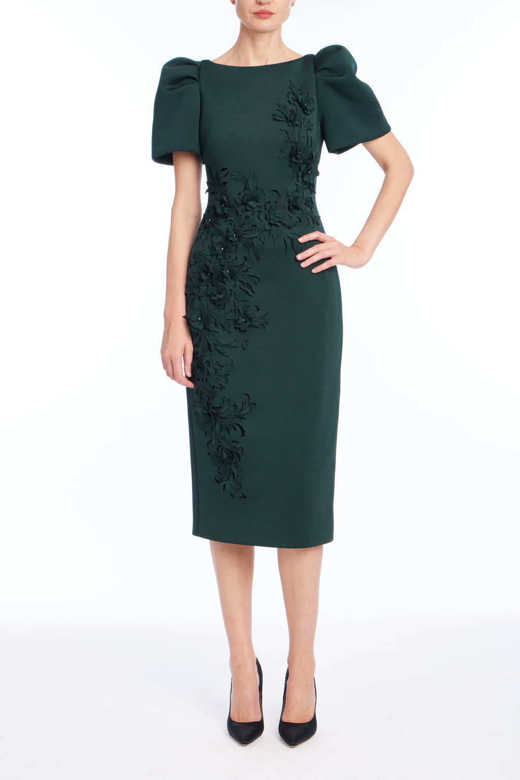 Forest Green | Laser Cut Embroidered Cocktail Dress Front