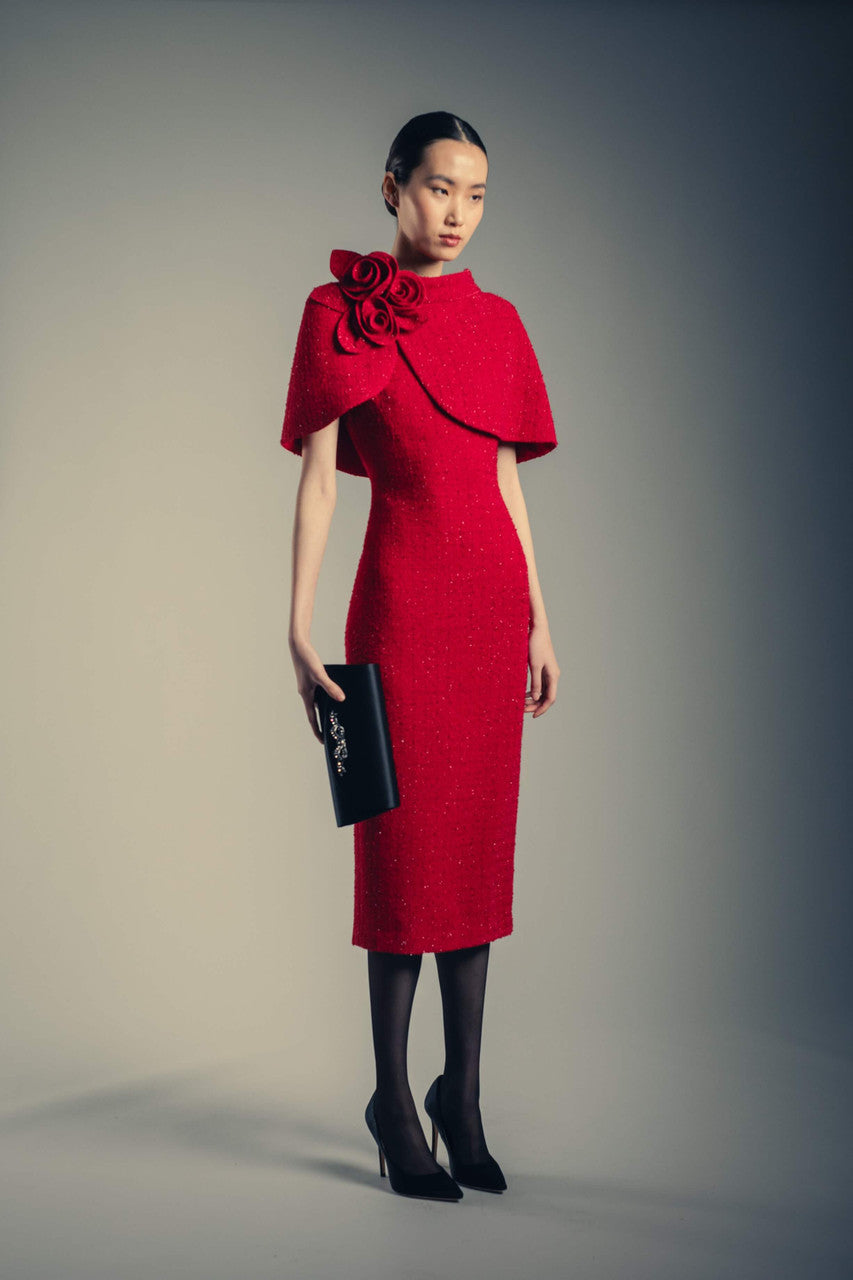 metallic-trim capelet sheath dress Tweed Rosette Capelet Sheath Dress
