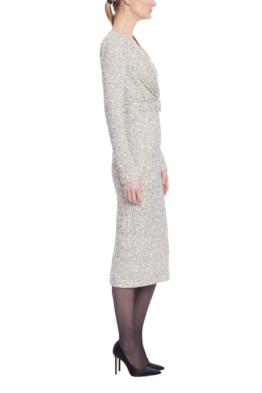 Silver | Long Sleeve Sequin Belted Midi Dress Side