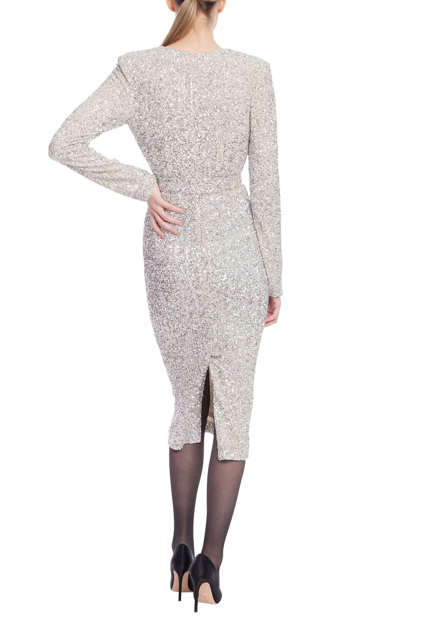 Silver | Long Sleeve Sequin Belted Midi Dress Back