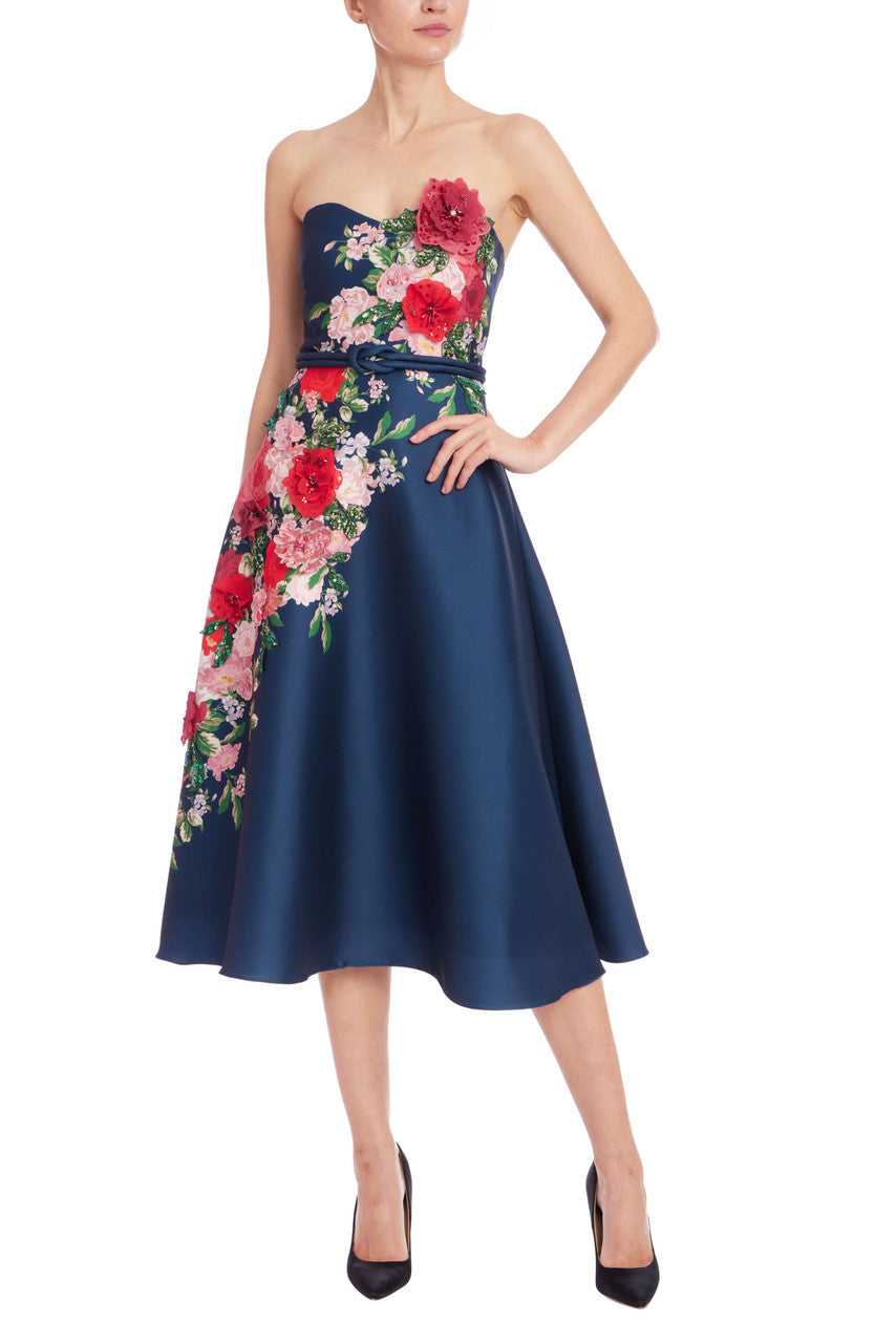 Badgley Mischka Women's Floral Embellished Strapless Cocktail Dress - Navy