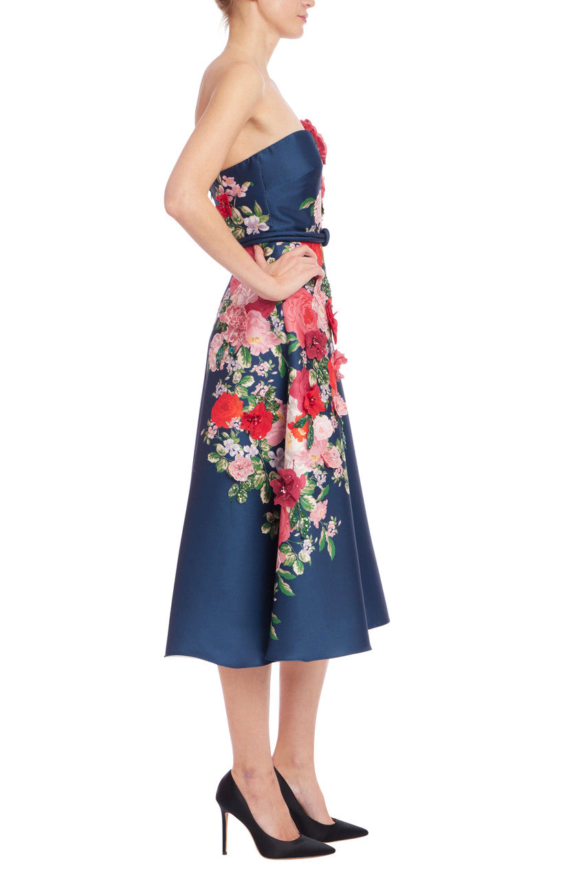 Floral Strapless A-Line Midi Dress by Badgley Mischka