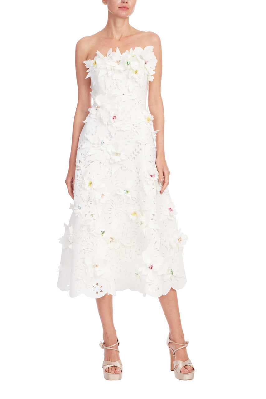 Light Ivory | Strapless 3D Floral A-Line Midi Dress Front