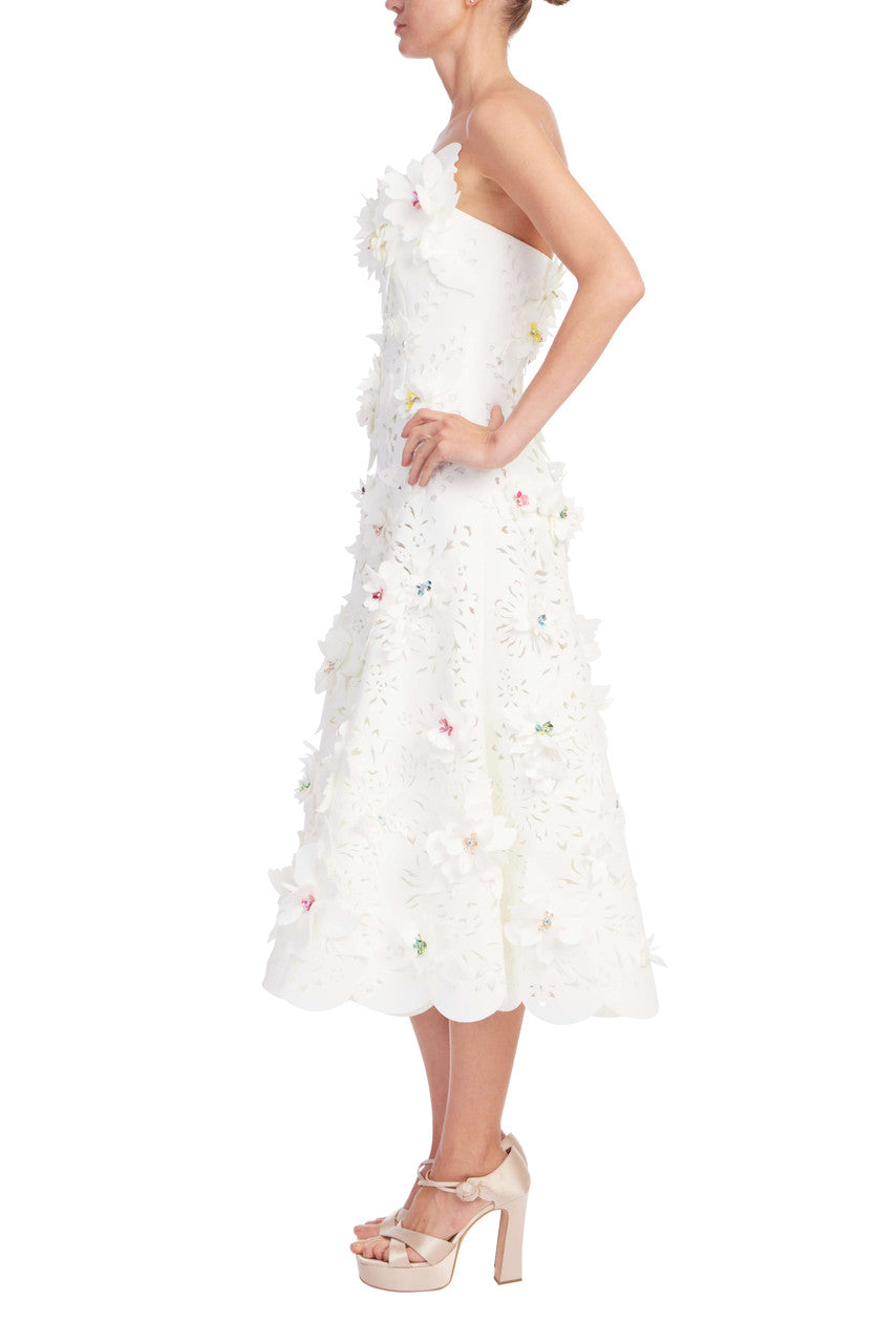 Light Ivory | Strapless 3D Floral A-Line Midi Dress Side