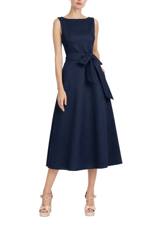 Navy | Boatneck Pebble Gazar A-Line Midi Dress Front
