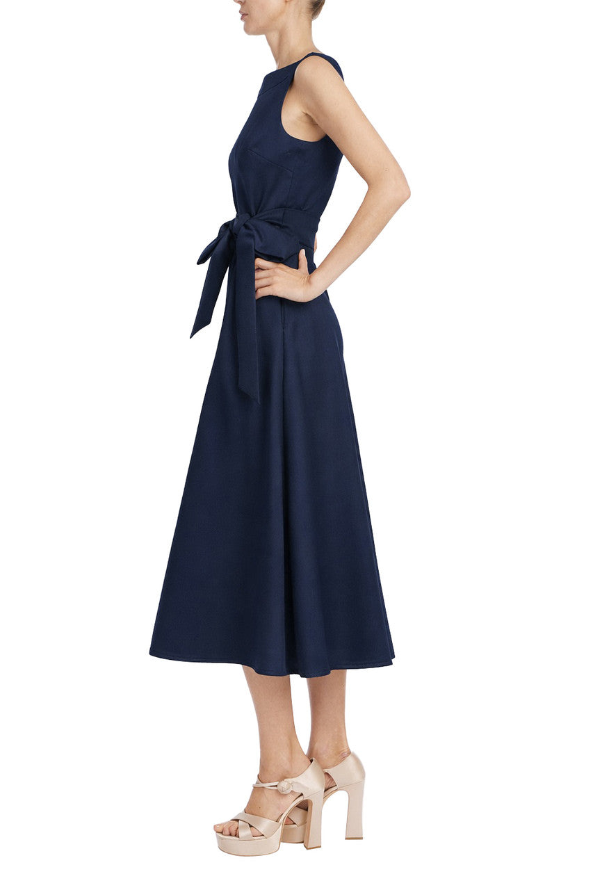 Navy | Boatneck Pebble Gazar A-Line Midi Dress Side