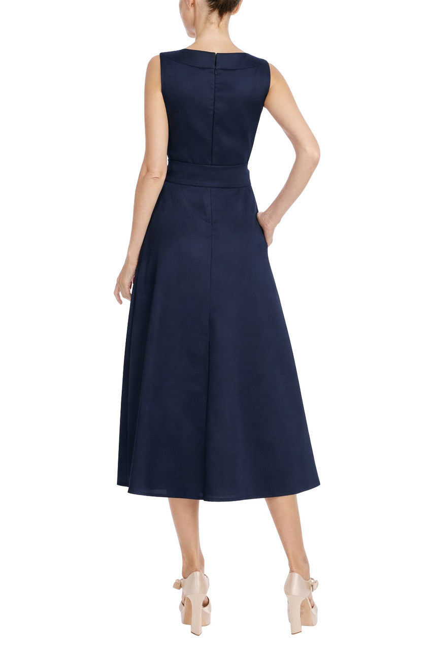 Navy | Boatneck Pebble Gazar A-Line Midi Dress Back