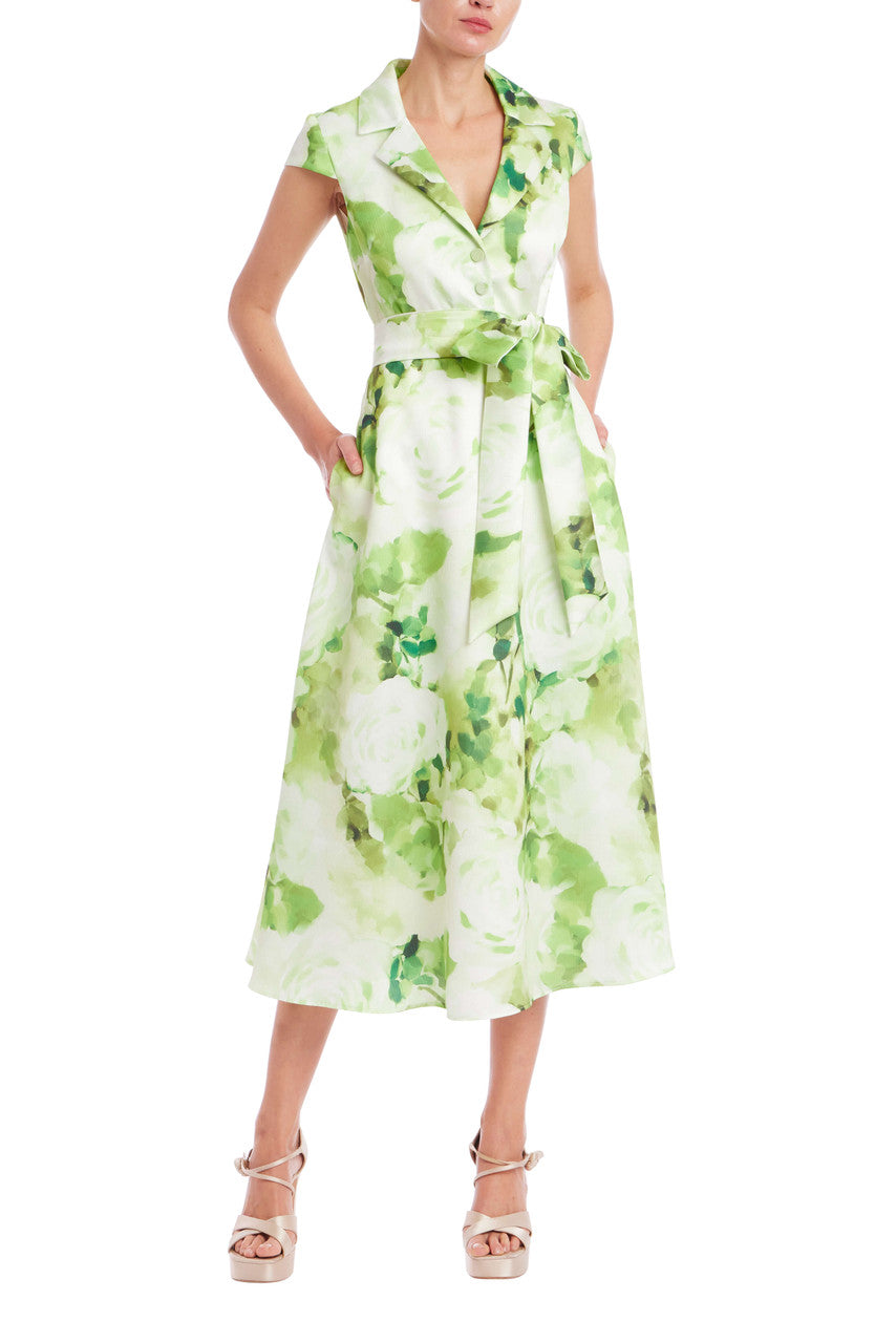 Lime Multi | Belted Floral A-Line Midi Dress Front