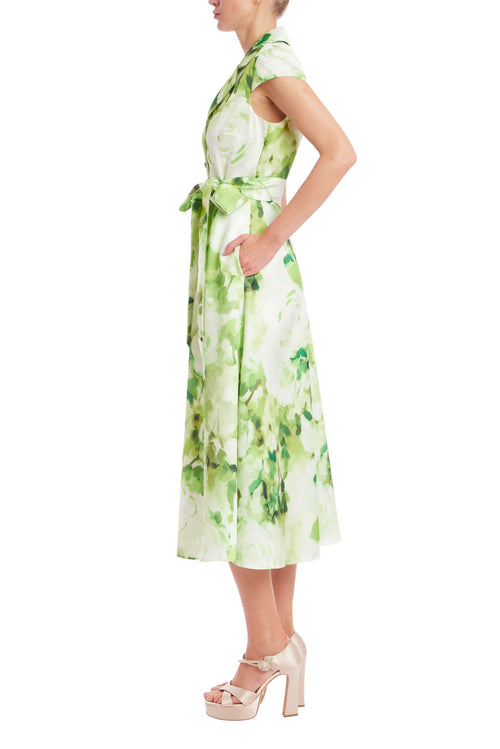 Lime Multi | Belted Floral A-Line Midi Dress Side