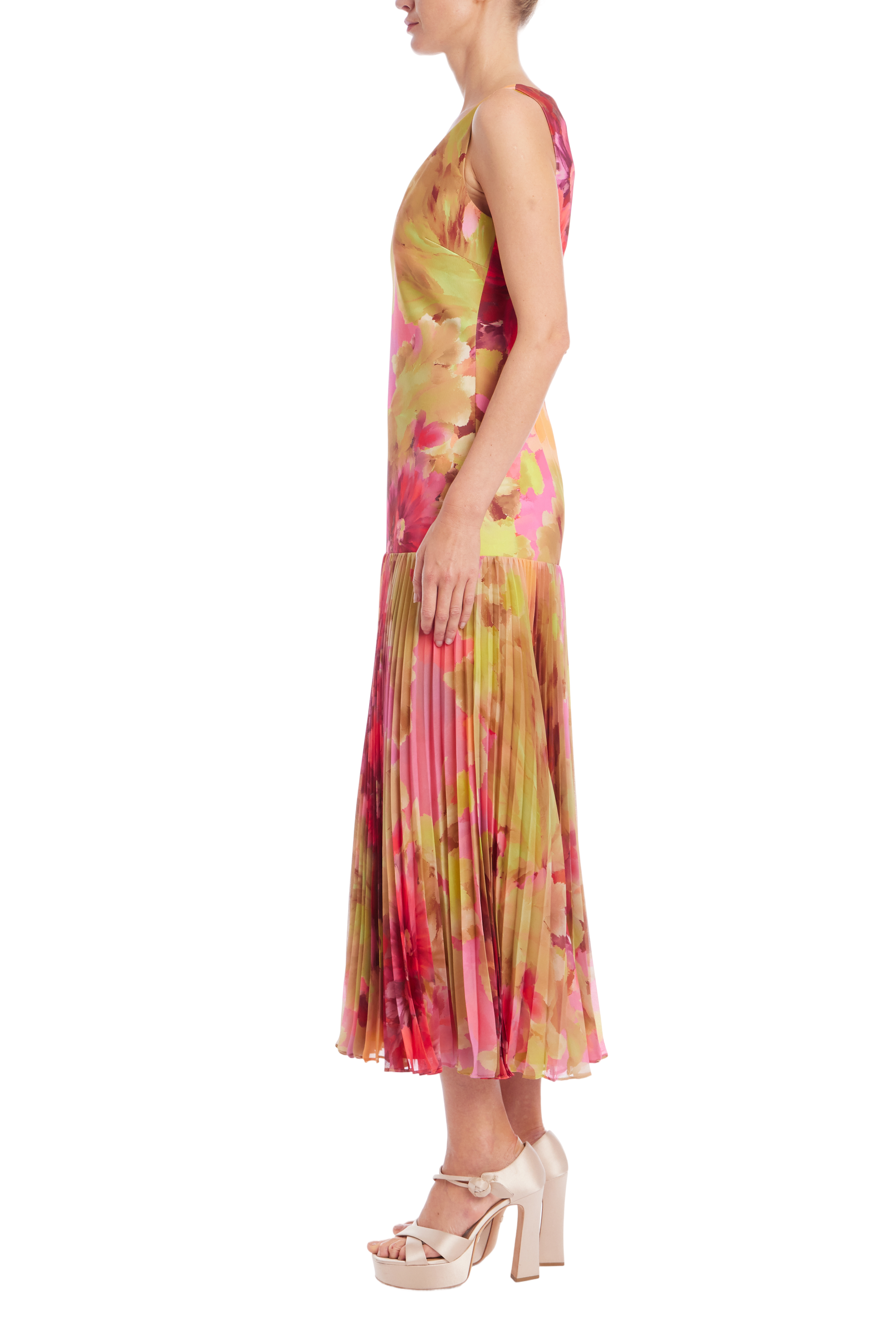 Sleeveless Dropwaist Pleated Midi Dress by Badgley Mischka