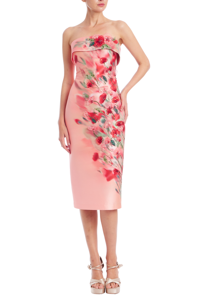 Strapless Beaded Floral Sheath Dress by Badgley Mischka
